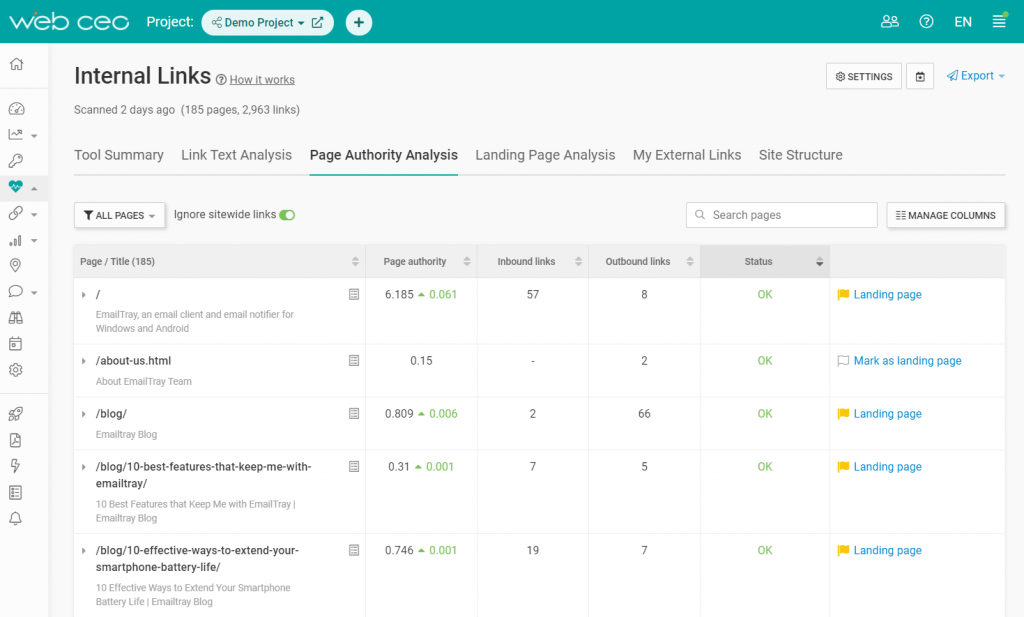The WebCEO Internal Links Tool - Page Authority Analysis